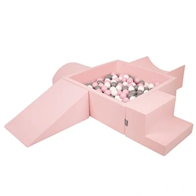 Immagine di KiddyMoon Area di Gioco in Schiuma con Quadrato Piscina Palline (300 Palline) per Bambini, Rosa:Bianco/Grigio/Rosa Chiaro