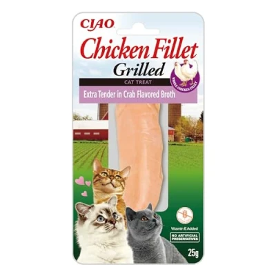 Immagine di INABA Filetti di Pollo Grigliato per Gatti, Extra Teneri in Brodo al Gusto Granchio Snack Gatto Ricco Antiossidanti Senza Conservanti o Coloranti Artificiali Cibo 1 Filetto x 15g