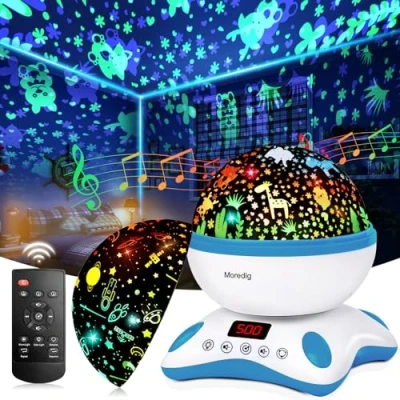 Immagine di Moredig Proiettore Stelle Soffitto Bambini, Luce Notturna Bambini 360 Lampada +12 Musica+8 Color+Timer Auto, Decorazioni Luminose Cameretta, Regali Natale per Neonato,