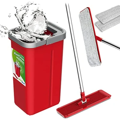 Immagine di Green Blue Mop piatto Maxi Clean GB870 con secchi o e Strizzatore 2 in 1 da 5,7 l sistema di pulizia a 360 testa rotante (Set mocio secchio + panni ricambio)