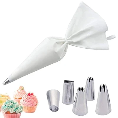 Immagine di Sac à poche, Set di 5 beccucci per Pasticceria, Tasca da Pasticceria Riutilizzabili,Beccucci in Acciaio Inox Kit Fai Te Decorazione Torteper Torte, Biscotti,Bianco