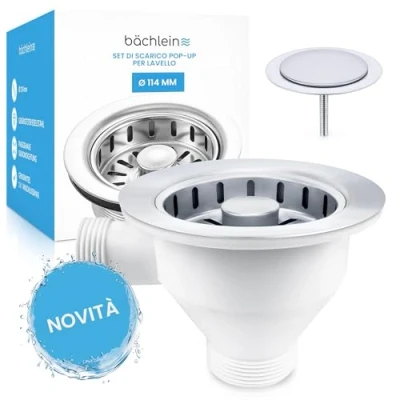 Immagine di Bächlein Set di Scarico a Scomparsa per il Lavello [Ø 114mm, con Troppopieno], Ora Anche della Cucina, in Acciaio Inox Lucidato, Valvola del Cestello Filtro