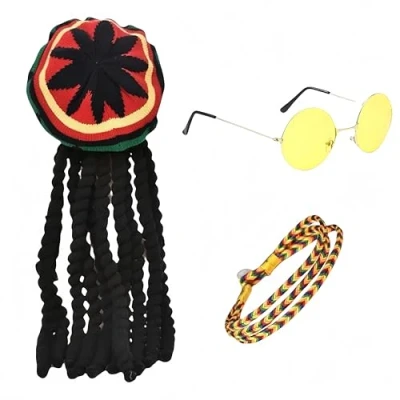 Immagine di SDXCJY Set rasta autentica parrucca dreadlocks giamaicana, occhiali gialli e braccialetto intrecciato per feste, cosplay feste in maschera (colorato)