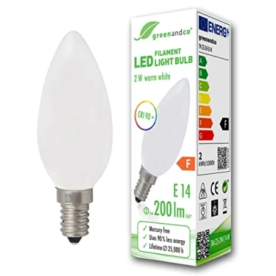 Immagine di greenandco Lampadina a filamento LED IRC 90+ smerigliata E14 2W (equivalente 20W) 200lm 2700K (bianco caldo) 360 230V AC Vetro, forma de vela, nessun sfarfallio, non dimmerabile