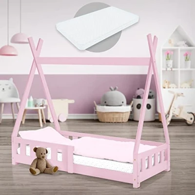 Immagine di ML Design Lettino per Bambini Tenda Indiana con Sponde Protezione Anticaduta Rete a Doghe 70 x 140 cm Letto da Gioco in Legno di Pino Massiccio Rosa Materasso Sfoderabile Schiuma Fredda
