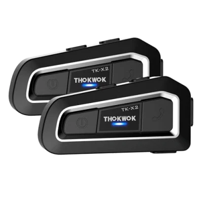 Immagine di THOKWOK Interfono Moto Bluetooth Coppia, 2x TK X2 Auricolari per Casco 3 Motociclisti, Cuffie motociclo 1000M Sistema di Comunicazione con Suono Stereo Hi Fi/Radio FM, Motoslitta/ATV