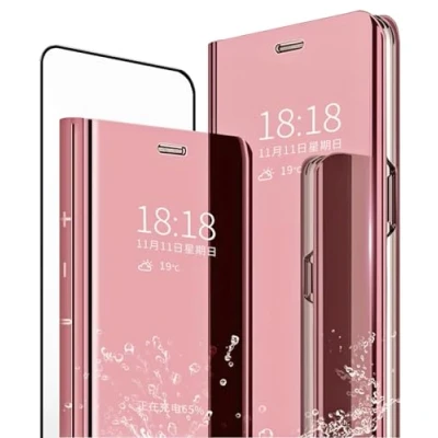 Immagine di MLOTECH Cover per Samsung Galaxy S10e,Cover + protezione schermo [2 pezzi] Flip Clear View Traslucido Specchio Standing 360Custodia antiurto Smart Bumper Oro Rosa