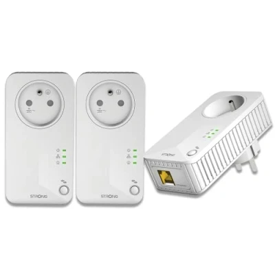 Immagine di STRONG Powerline 600 Kit Trio prese CPL Set 600Mbps Compatibile con qualsiasi scatola/router 1 porta Ethernet + presa filtro Installazione rapida Accesso Internet ad alta velocità