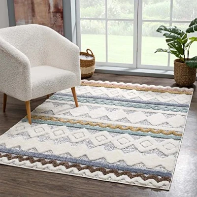 Immagine di carpet city Tappeto a pelo lungo per soggiorno 80 x 150 cm stile bohémien Ethno Crema Multi Cut Loop, effetto 3D Tappeti Shaggy soffici camera da letto