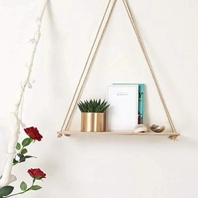 Immagine di HERCHR Mensole in Legno con Corda,2 Pezzi Mensola a Muro Corda,Mensola Parete Bohémien,Mensole Sospese Corda Altalena Decorazioni per Pareti Ripiano Fiori,Mensola Sospesa(Bianca)