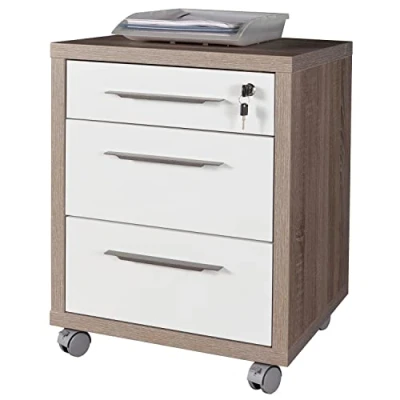 Immagine di Composad Cassettiera della Linea DISEGNO con 3 Cassetti e Ruote, Ufficio sotto Scrivania, (LxAxP) 48,60x63,10x45,20 cm, Colore Rovere Sonoma Bianco Laccato, Made in Italy