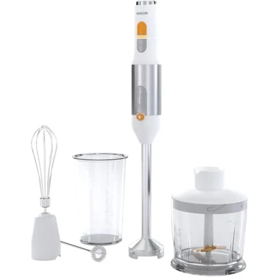 Immagine di Sencor Frullatore a Immersione Multifunzione Ultra Potente, 1200W, con Frusta, Tritatutto &amp; Montalatte, Lame Quad Blades in Acciaio Inox, Controllo della Velocità Continuo, Ergonomico Bianco