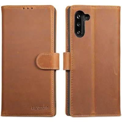 Immagine di Lensun Custodia per Samsung Galaxy Note 10, Cover in Vera Pelle [RFID Blocking] Libro con Portafoglio Chiusura Magnetico Flip Custodie Cuoio Telefono 10 Marrone retrò