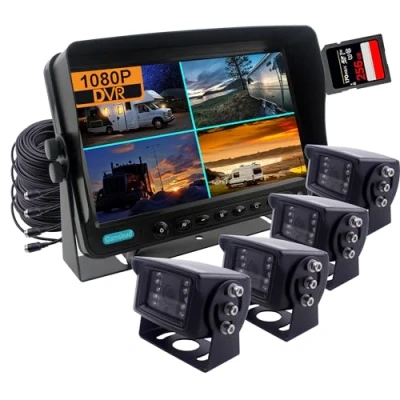 Immagine di CAMSLEAD Monitor da 9 pollici Sistema di telecamere backup 1080P, registratore DVR, supporto scheda SD 256GB, ingresso a 4 canali, schermo quadruplo, per camion, rimorchi, camper, roulotte