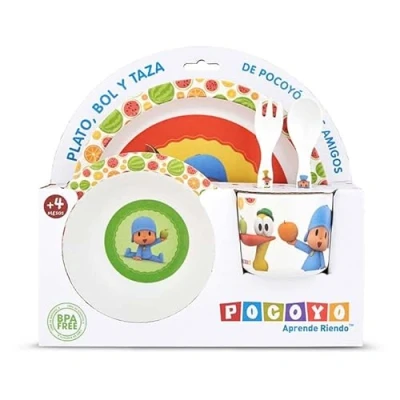 Immagine di maxifiestas Pocoyo, set di stoviglie per bambini, colazione, bambini e ragazze, confezione da 5 pezzi (piatto, tazza, cucchiaio, forchetta, ciotola)