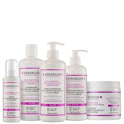 Immagine di Kerargan Set Volumizzante: Shampoo, Balsamo, Maschera, Siero &amp; Leave In alla Biotina Collagene per Capelli Piatti, Fini e Opachi Senza Solfati, OGM, Silicone 3x500ml+1x100ml+1x350ml