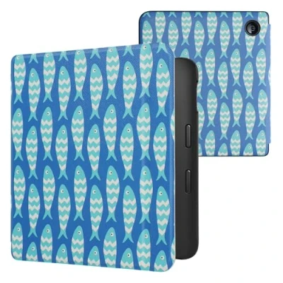Immagine di kwmobile Custodia eReader Compatibile con Kobo Libra 2 Cover eBook Reader Flip Case blu/blu chiaro/bianco Pesciolini