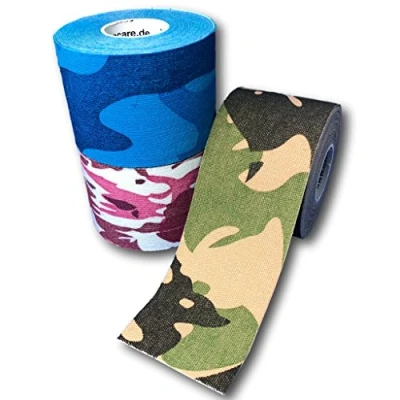 Immagine di LisaCare Nastro kinesiologico elastico, 5 cm x m per rotolo, set da 3, colore: blu/ verde/ rosso, disegno mimetico