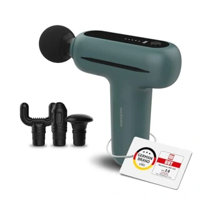 Immagine di medisana MG 200 mini massage gun, pistola massaggio muscolare con 4 attacchi, massaggiatore modalità intelligente e 5 intensità per relax, lunga durata della batteria, scatola di custodia