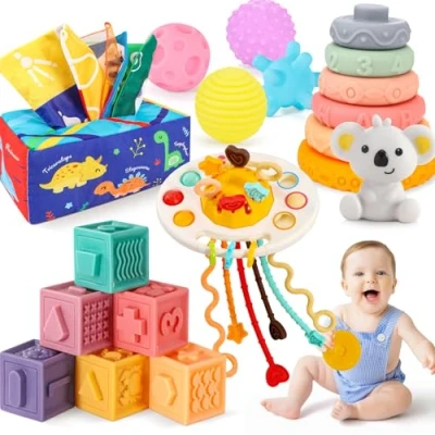 Immagine di Gontence Giochi Neonato, 5 in 1 Bambini Anno, Montessori Torre Cubi Impilabili Scatola Fazzoletti Palla Neonato Sensoriale, Regalo 6 Mesi