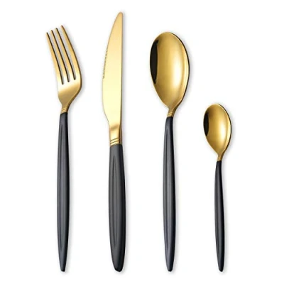 Immagine di HOMQUEN Set di Posate in oro Nero 24 Pezzi, Acciaio Inossidabile, Con Manico Cucchiaio Titanio e Vernice Spray, Servizi per 6 (Nero Opaco Lucido)