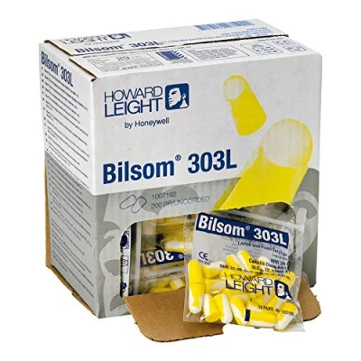 Immagine di Honeywell Tappi auricolari in schiuma monouso Howard Leight by Bilsom 303L, SNR 33 dB, grandi, colore giallo e bianco, a forma di proiettile, senza corde, 1007192 (confezione da 200 paia)