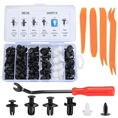 Immagine di Ewwtrey 100 pezzi Rivetti in Plastica per Auto, Clip di Viti Assetto Auto Kit Carrozzeria Interni Pannello Paraurti Porta, con Strumenti Rimozione Fissaggio
