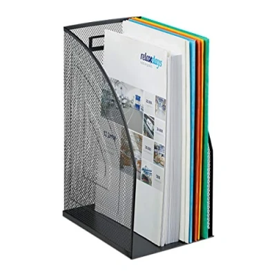 Immagine di Relaxdays Portadocumenti Verticale in Metallo, Formato A4, Extra Large, Mesh, Ufficio, 30,5x26,5x12 cm, Nero, Acciaio, 1 pz