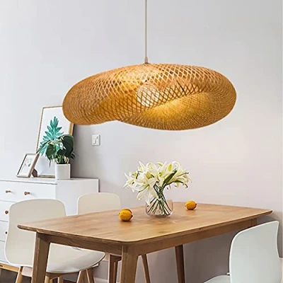 Immagine di Lampadario in Rattan Retrò Lampada Tessitura Bambù Fatta A Mano Sospensione Rotonda Lampade Per Illuminazione Country Regolabile Altezza Ristorante Fattoria Luci D&#039;arte Bambù,50cm