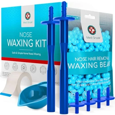 Immagine di Medi Grade Kit Ceretta Togli Peli Naso 50g Naso, Completo con 2 Bastoncini Riutilizzabili, 26 Applicatori, Tazza Microonde, Sacca e Cera Sicuro Semplice