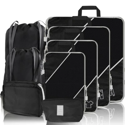 Immagine di SINZUX Set di 8 Organizer Valigie Compression Packing Cubes, Nero Ultraleggero Estensibile Viaggio Salvaspazio, Compressione Organizzatori Valigia Divisori per Viaggiare