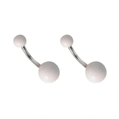 Immagine di DENI 2 piercing per ombelico con sfere bianche, 10 mm di lunghezza e 1,6 spessore, materiale anallergico., 16mm largo, Argento, Nessuna pietra preziosa