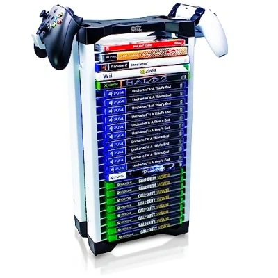 Immagine di ADZ Supporto per gioco Memorizza 23 dischi giochi o Blu Ray Rack impilabile PS4, PS5, Xbox One, Series X, Switch Games e Dischi. Include 2 supporti cuffie controller
