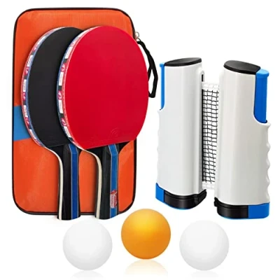 Immagine di Baozun Set Racchette Ping Pong con 2 da Pong, 3 Palline, Rete Tavolo Allungabile e Borsa (2 Pong)