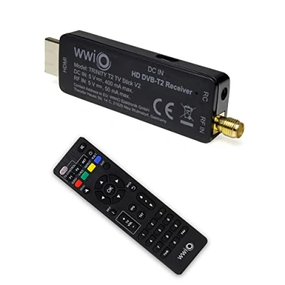 Immagine di WWiO TRINITY T2 TV Stick V2 Decoder digitale terrestre DVB H.265 HEVC 10 Bit, telecomando wireless 2 in 1, 600 canali, 4 elenchi di preferiti, nero