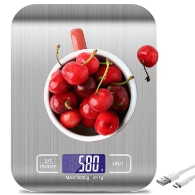 Immagine di bilancia da cucina digitale: 10 kg/1 g, ricaricabile USB, digitale con display LCD e funzione tara, professionale multifunzione cavo di