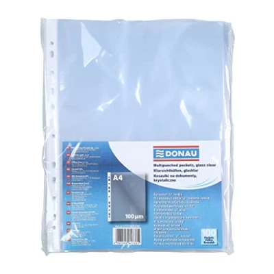 Immagine di Donau Buste portadocumenti resistenti, formato DIN A4, apertura superiore trasparente, copertina in plastica perforata, 100 micron, confezione da pezzi