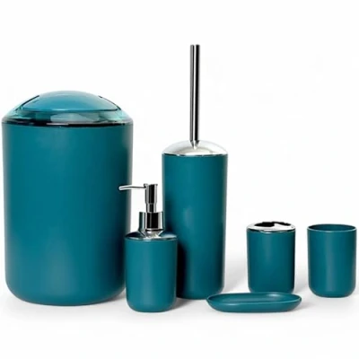 Immagine di GMMH Set di 6 accessori da bagno, con dispenser per sapone, porta saponetta e scopino WC (modello 3, turchese scuro)