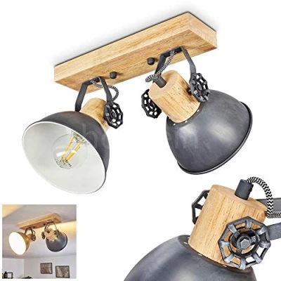 Immagine di hofstein lampada a soffitto Orny, in metallo/legno grigio/bianco/marrone, 2 luci, con faretti regolabili, x attacco E27, spot dal design retro/vintage, senza lampadina/e