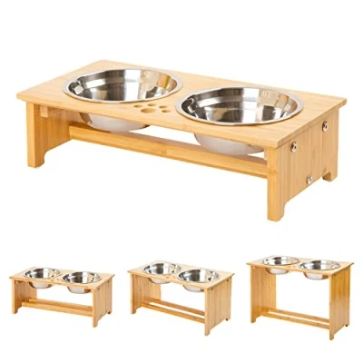 Immagine di FOREYY ciotole per cani alzate e gatti cibo in bambù Elevated Stands Piatti mangiatoie con 2 acciaio inox piedini antiscivolo (S)