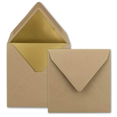 Immagine di 50x buste quadrate 15,5 x cm Colore: cappuccino (marrone) foderato con carta metallizzata oro Incollaggio a umido per inviti e saluti cari