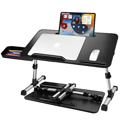 Immagine di AirOpen Tavolino da Letto, Regolabile in Altezza e Angolo, Vassoio Letto con Cassetto Supporto per Tablet, Tavolo Divano, Pavimento (53x30cm, Nero)