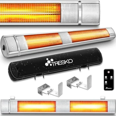 Immagine di TRESKO Stufa a Infrarossi 3000W con Telecomando Riscaldatore Elettrico Patio 3 Livelli di Calore Interno &amp; Esterno Parete al Quarzo (Argento)