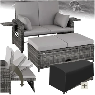 Immagine di TecTake® Divano in rattan Creta, Schienale Regolabile, Piani Laterali, Morbidi Cuscini Idrorepellenti, Pouf con Vano Contenitore, Involucro protettivo incluso Grigio