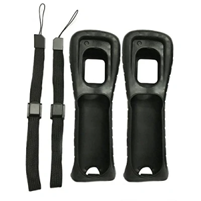 Immagine di 2 custodie in silicone di colore nero, con cinturino da polso, per Nintendo Wii Remote
