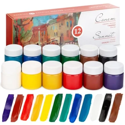 Immagine di Sonnet colori gouache di alta qualità (12X40mL) Set a tempera base acqua in 12 bellissimi ad concentrazione pigmenti Prodotto da Nevskaya Palitra
