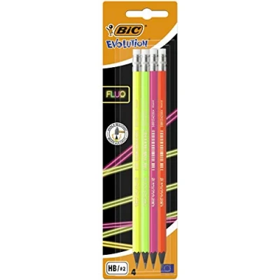 Immagine di BIC Evolution Fluo Matite In Grafite HB Con Gomma All&#039;estremità Fusti Di Colori Assortiti, Pacco Da 4