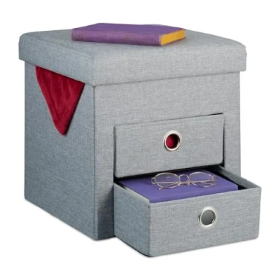 Immagine di Relaxdays Pouf Contenitore Pieghevole, Sgabello Poggiapiedi Imbottito 2 Cassetti Portaoggetti, HLP 39x37x37 cm, Grigio, Poliestere
