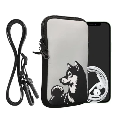Immagine di kwmobile Custodia in Neoprene con Zip per Smartphone Portacellulare a Tracolla Porta Cellulare da Collo Universale Cover Borsa Telefono Cane Shiba
