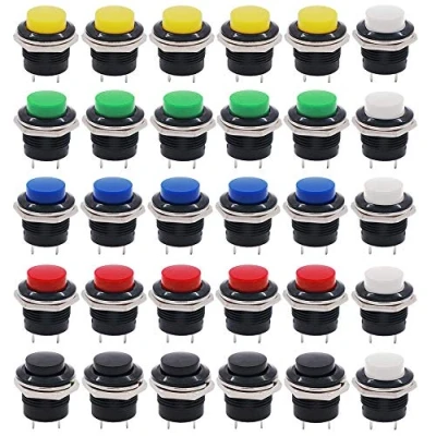 Immagine di QitinDasen 30Pcs Premium 16mm Interruttore a Pulsante Momentaneo in Plastica, 2 Pin ON/OFF Rotondo Testa Alta, 3A 250V AC / 6A 125V (6 Colori)